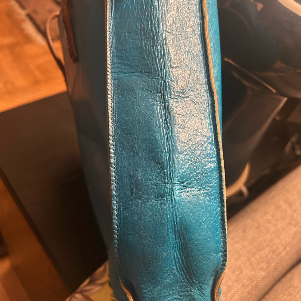 Teal Leather Tote with Brown Strap - Everyday Carry - Picture 2 of 5